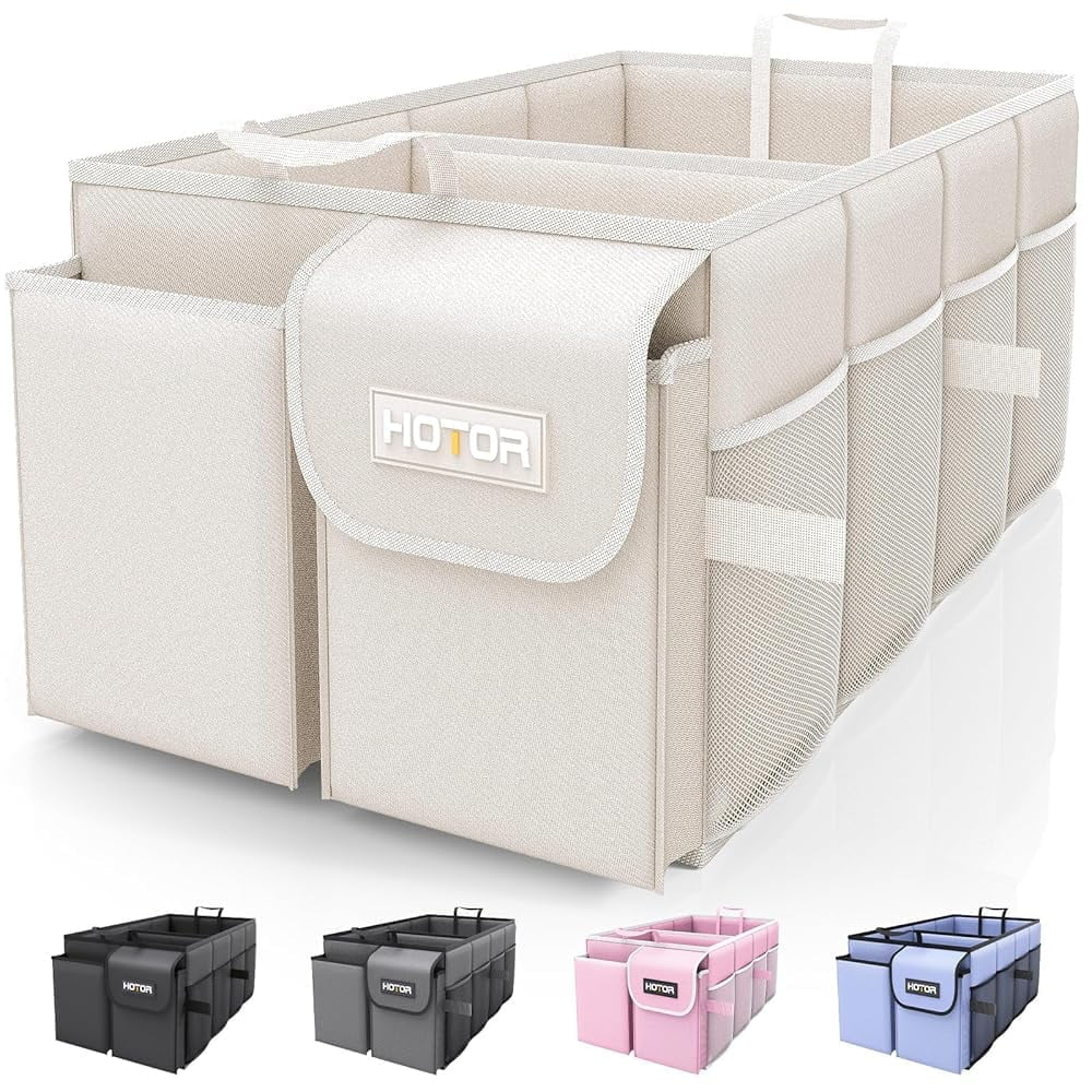 Ultimate Trunk Organizer for Cars and SUVs - Spacious, Foldable Storage Solution in Stylish Beige with Multiple Compartments