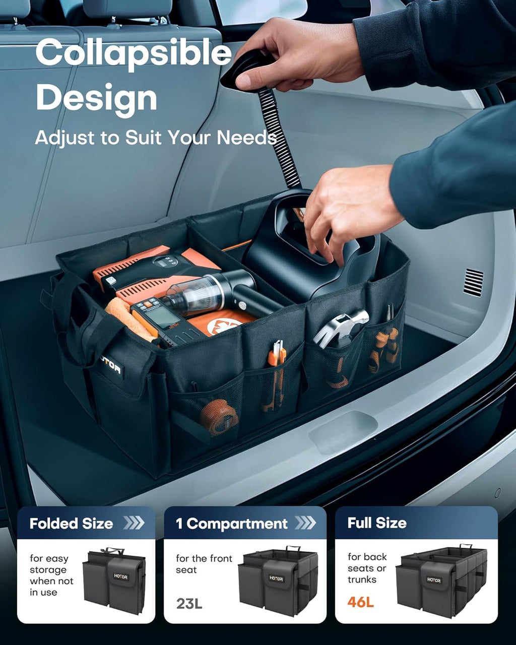 Ultimate Foldable Trunk Organizer for Cars - Black Storage Solution with 2 Spacious Compartments for SUVs & Sedans | Perfect for Tools, Groceries, and More