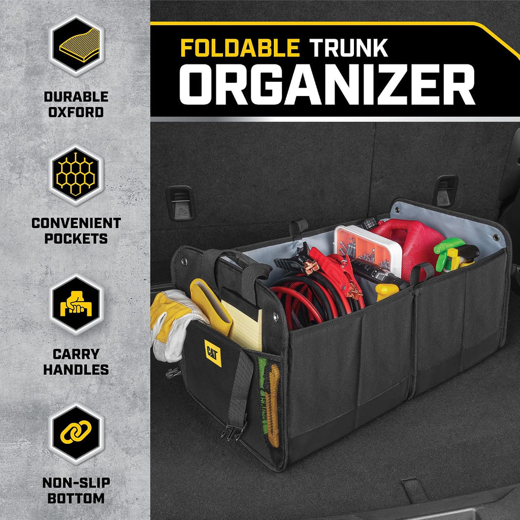 Transform Your Vehicle with the CAT® 3-Piece Car Organizer Bundle – Ultimate Collapsible Trunk Organizer, Adjustable Seat Caddy & Leak-Proof 2.4 Gallon Trash Can for Cars, Trucks, and SUVs in Sleek Black