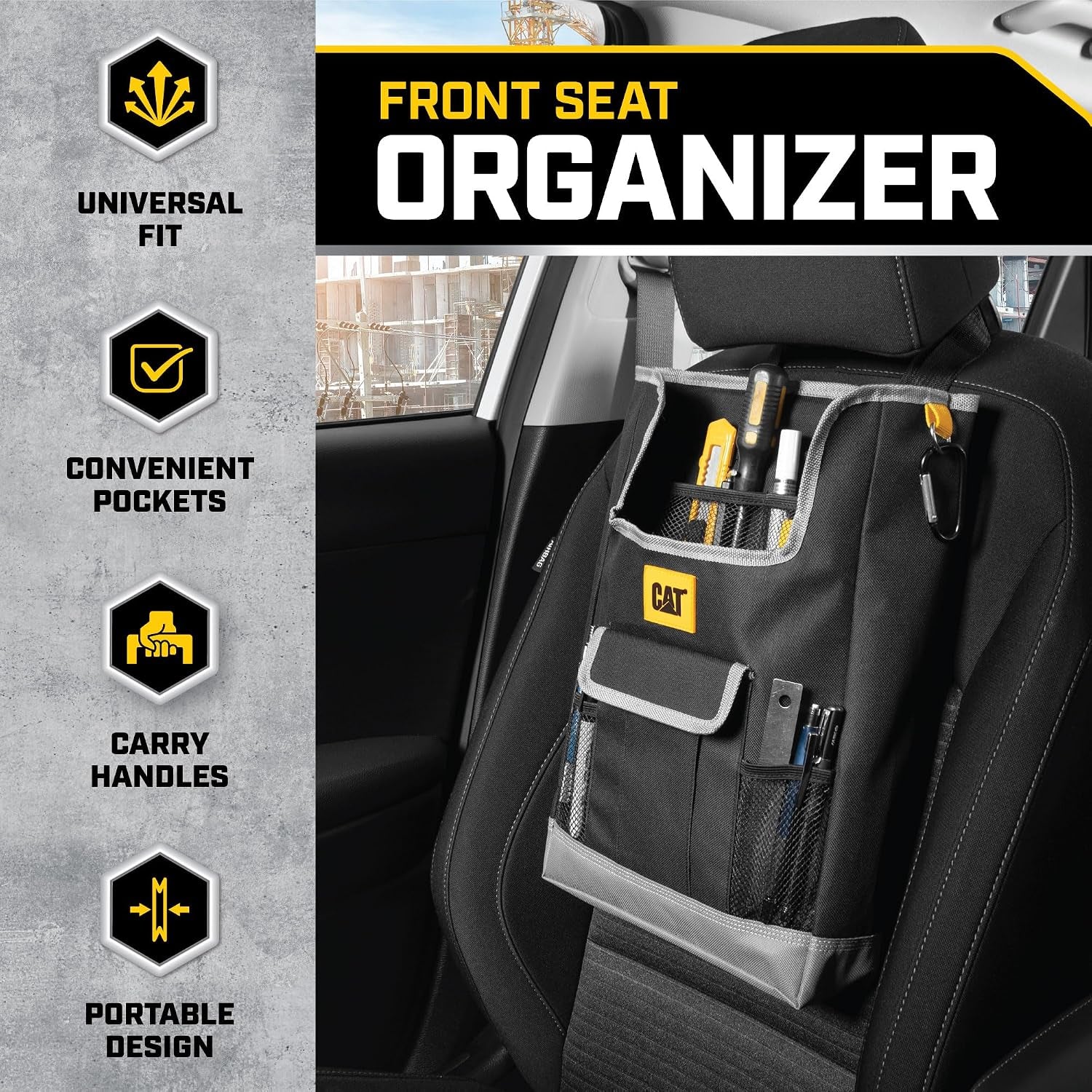 Transform Your Vehicle with the CAT® 3-Piece Car Organizer Bundle – Ultimate Collapsible Trunk Organizer, Adjustable Seat Caddy & Leak-Proof 2.4 Gallon Trash Can for Cars, Trucks, and SUVs in Sleek Black