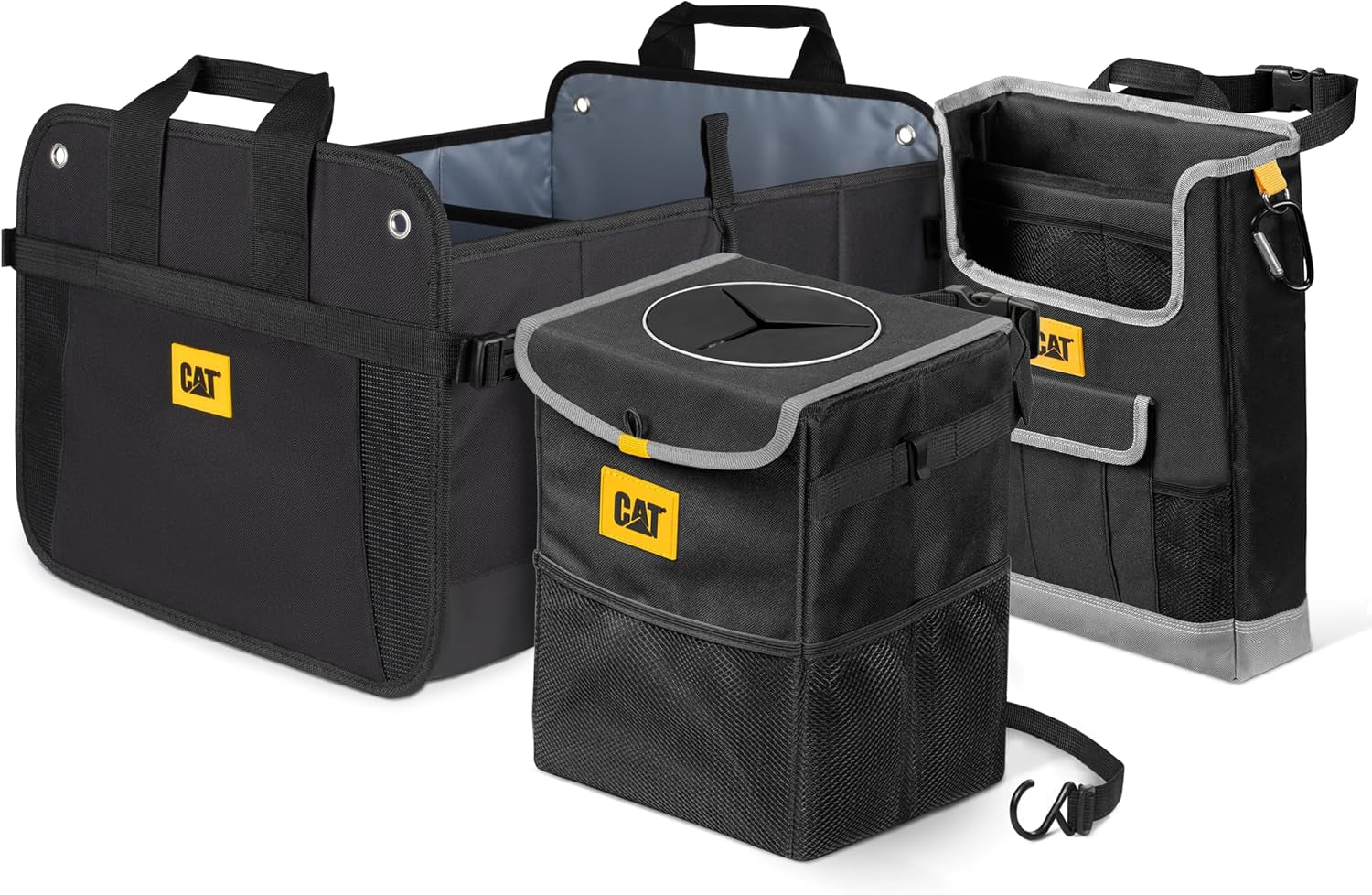 Transform Your Vehicle with the CAT® 3-Piece Car Organizer Bundle – Ultimate Collapsible Trunk Organizer, Adjustable Seat Caddy & Leak-Proof 2.4 Gallon Trash Can for Cars, Trucks, and SUVs in Sleek Black