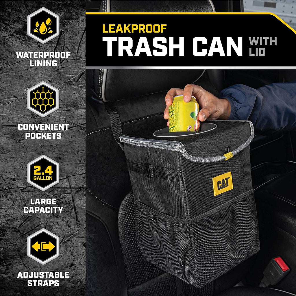 Transform Your Vehicle with the CAT® 3-Piece Car Organizer Bundle – Ultimate Collapsible Trunk Organizer, Adjustable Seat Caddy & Leak-Proof 2.4 Gallon Trash Can for Cars, Trucks, and SUVs in Sleek Black