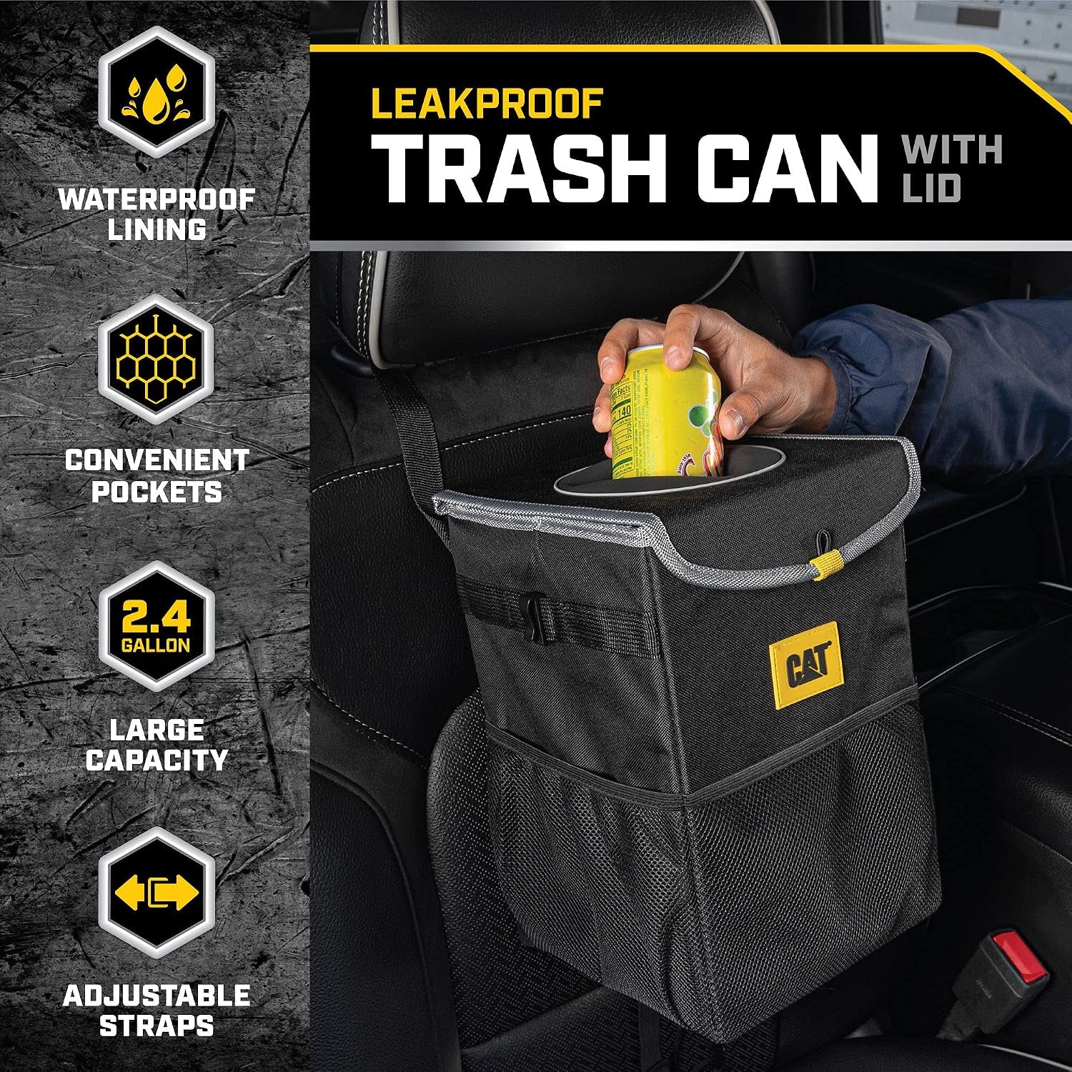 Transform Your Vehicle with the CAT® 3-Piece Car Organizer Bundle – Ultimate Collapsible Trunk Organizer, Adjustable Seat Caddy & Leak-Proof 2.4 Gallon Trash Can for Cars, Trucks, and SUVs in Sleek Black