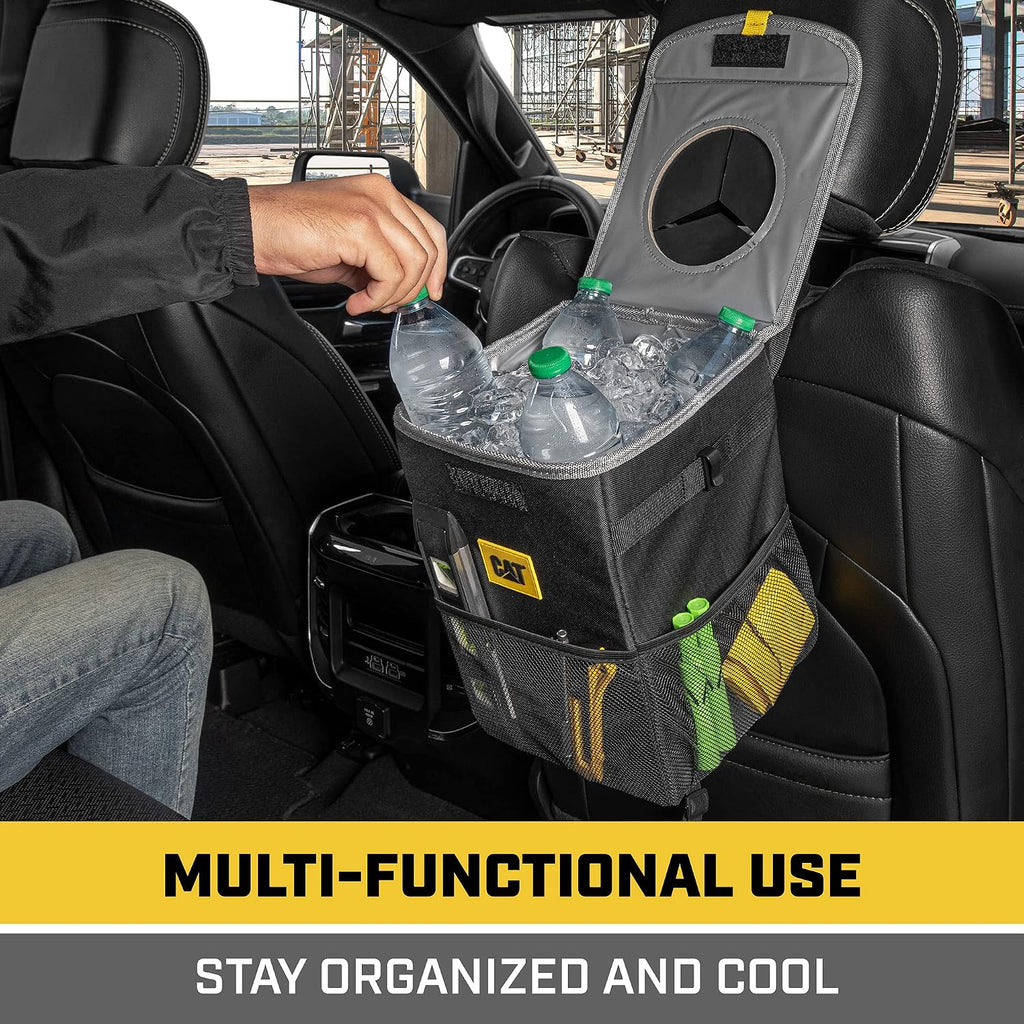 Transform Your Vehicle with the CAT® 3-Piece Car Organizer Bundle – Ultimate Collapsible Trunk Organizer, Adjustable Seat Caddy & Leak-Proof 2.4 Gallon Trash Can for Cars, Trucks, and SUVs in Sleek Black