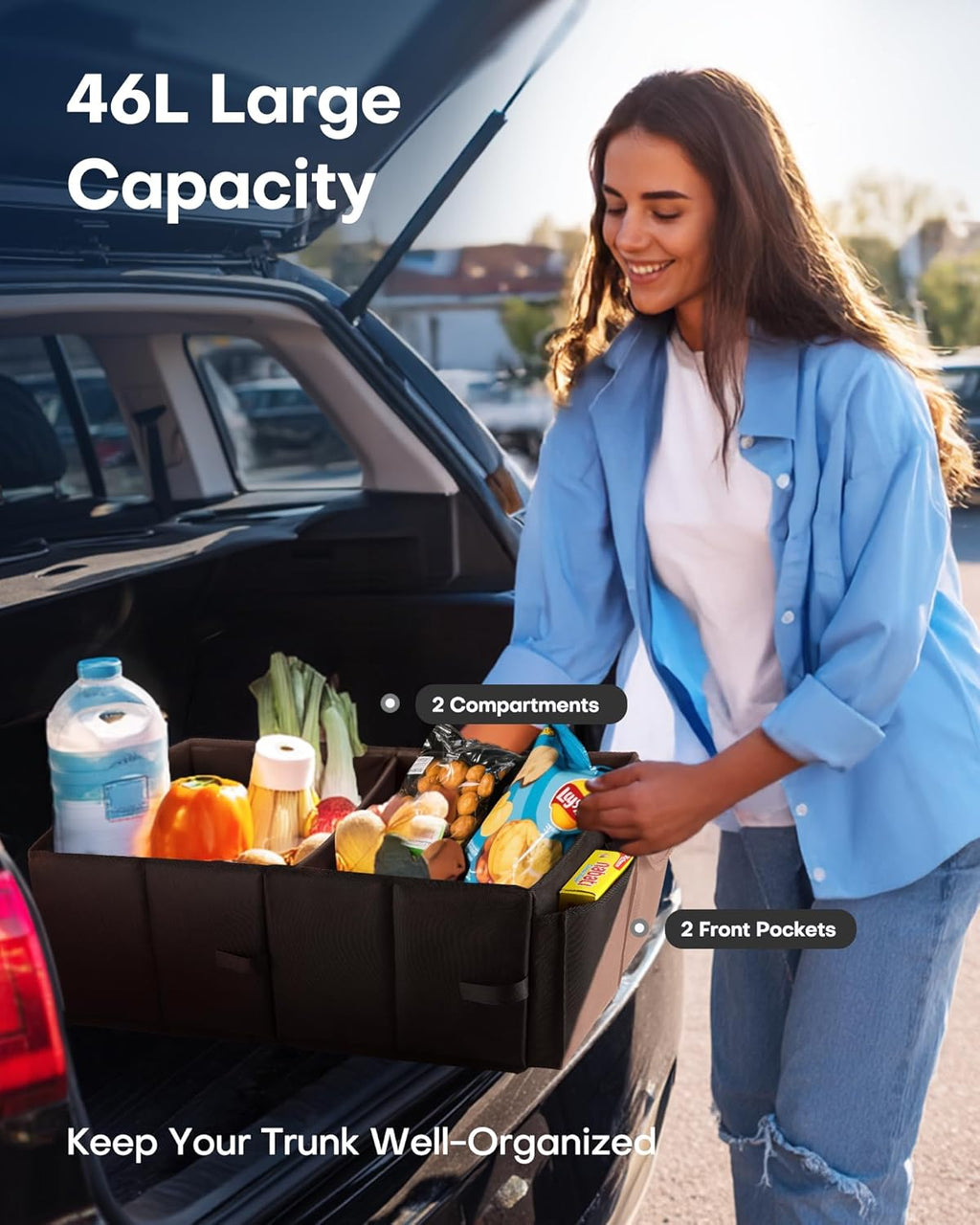 Ultimate Foldable Trunk Organizer for Cars - Black Storage Solution with 2 Spacious Compartments for SUVs & Sedans | Perfect for Tools, Groceries, and More