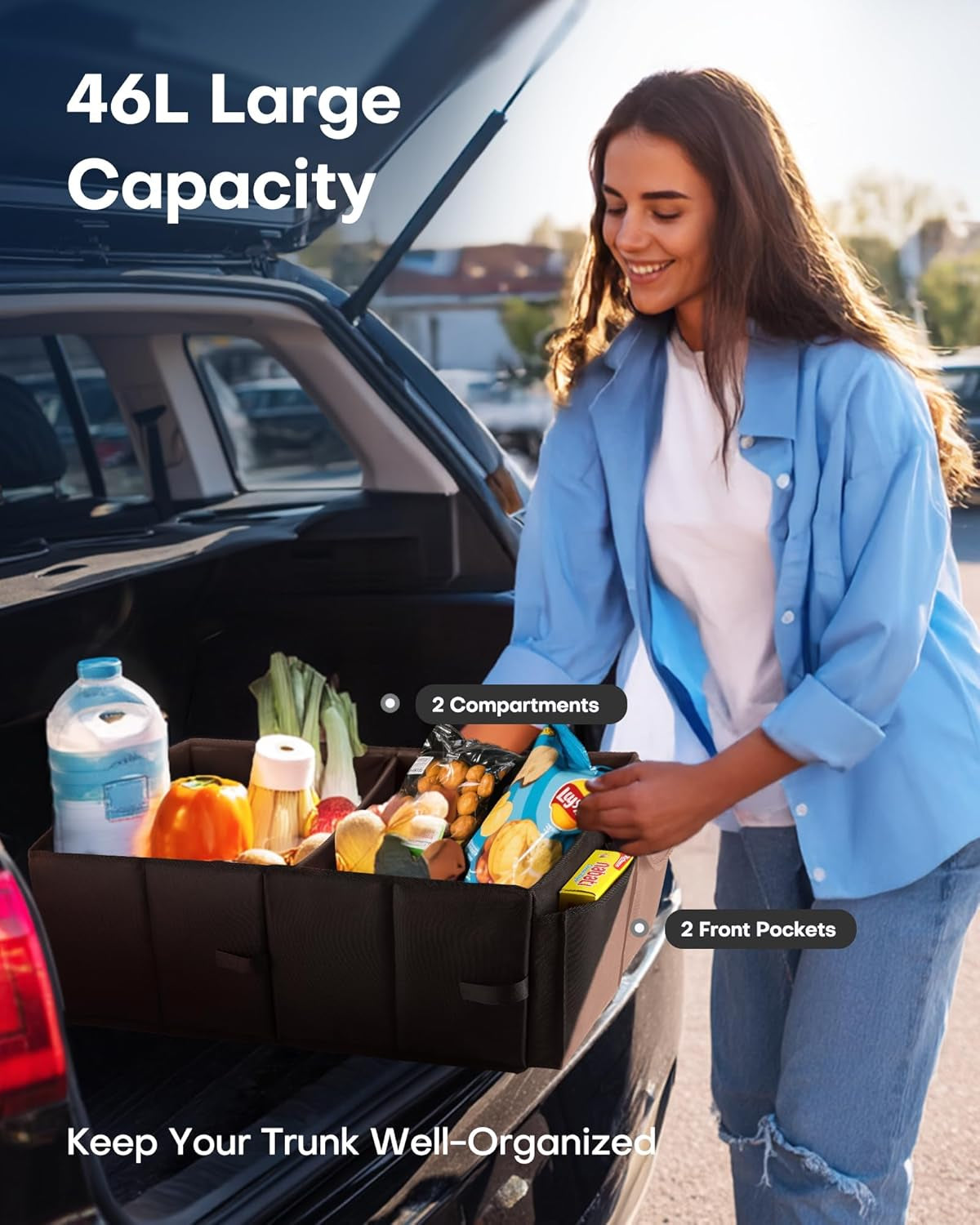 Ultimate Foldable Trunk Organizer for Cars - Black Storage Solution with 2 Spacious Compartments for SUVs & Sedans | Perfect for Tools, Groceries, and More