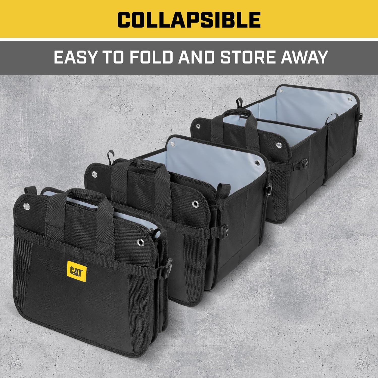 Transform Your Vehicle with the CAT® 3-Piece Car Organizer Bundle – Ultimate Collapsible Trunk Organizer, Adjustable Seat Caddy & Leak-Proof 2.4 Gallon Trash Can for Cars, Trucks, and SUVs in Sleek Black
