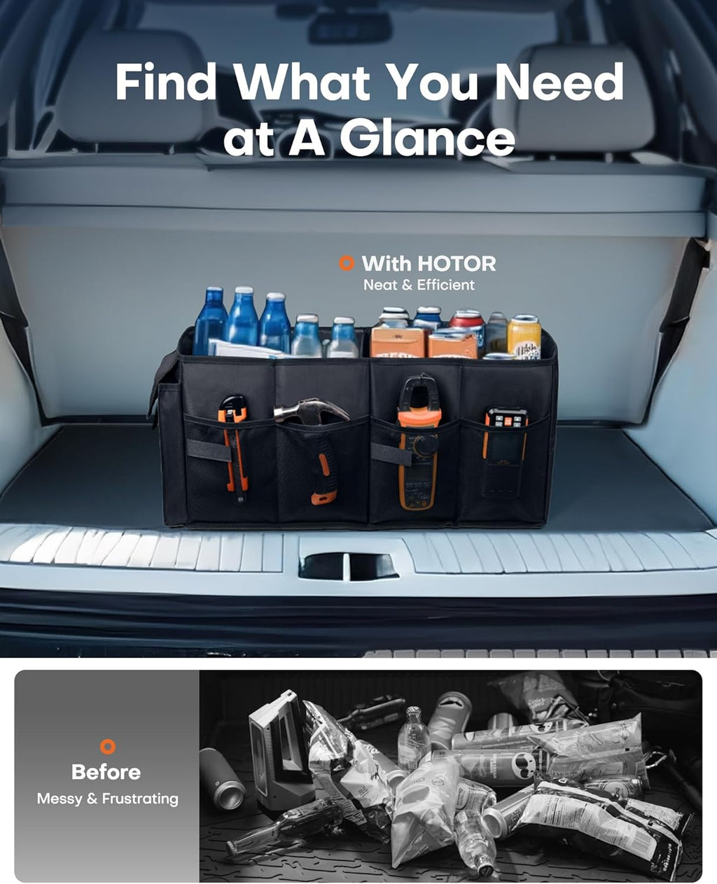Ultimate Foldable Trunk Organizer for Cars - Black Storage Solution with 2 Spacious Compartments for SUVs & Sedans | Perfect for Tools, Groceries, and More