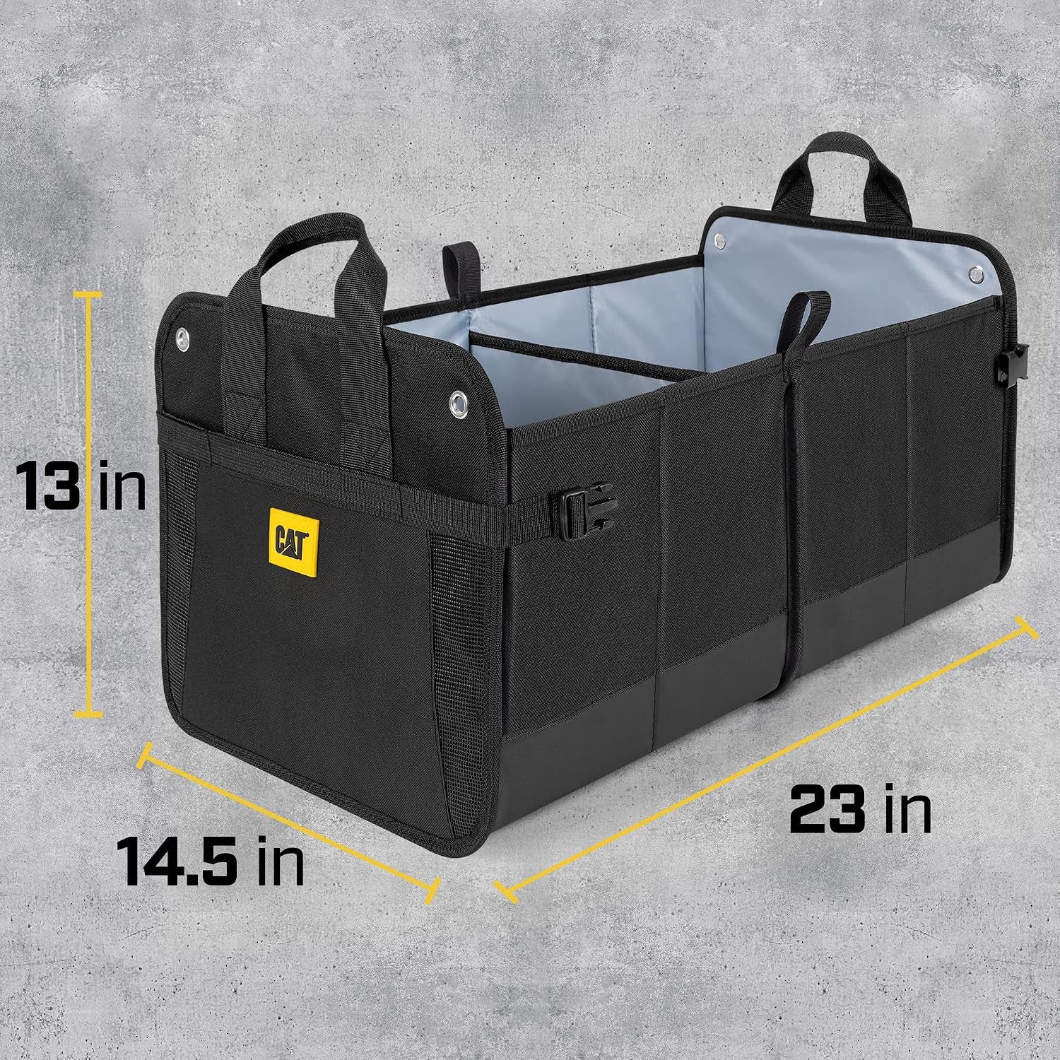 Transform Your Vehicle with the CAT® 3-Piece Car Organizer Bundle – Ultimate Collapsible Trunk Organizer, Adjustable Seat Caddy & Leak-Proof 2.4 Gallon Trash Can for Cars, Trucks, and SUVs in Sleek Black
